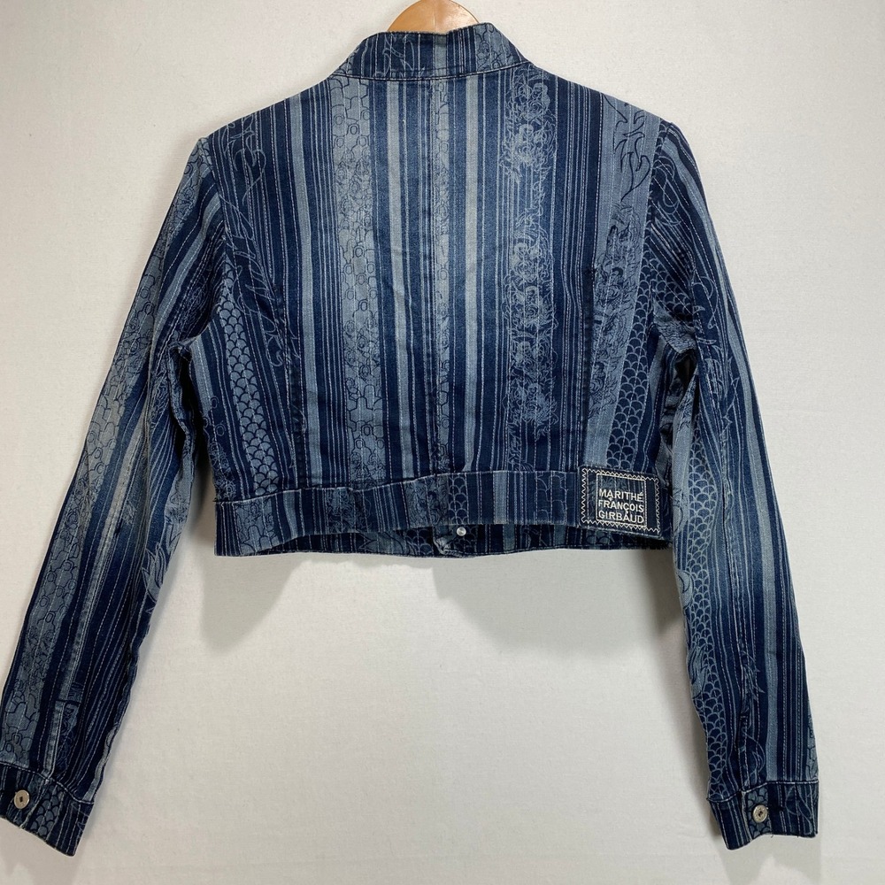 MARITHE FRANCOIS Womens Denim Jacket Blue Striped Dragon Print Cropped Size XL - Picture 9 of 9
